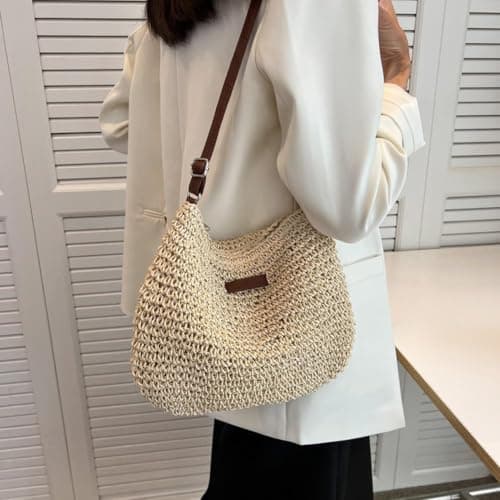 Yunzhou1230 Straw Bag for Women, Summer Straws Beach Bag with Zip & Adjustable Strap, Bohemian Weave Holiday Handbag, Straw Crossbody Bag for Travel, Crochet Handbags for Summer Holidays — view 3