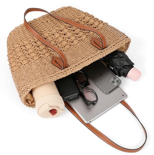 Pocadri Women's Straw Hobo Bag Woven Shoulder Bag Large Totes Summer Travel Beach Handbag Handmade Purse, Coffee — view 5
