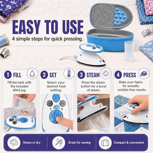 The Quilted Bear Premium Mini Steam Iron for Quilting and Travel, Blue — view 6
