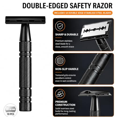 ESSBES Safety Razor for Men, Matte Black with 10 Double Edge Blades — view 3