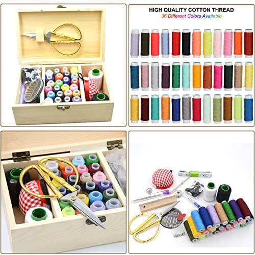 Wooden Sewing Basket,MKNZOME Over 110 Pcs Premium DIY Sewing Supplies Accessories Portable Mini Sewing Kits with Wooden Storage Box for DIY Adults Kids Beginners Traveller and Emergency Clothing Fixes — view 4