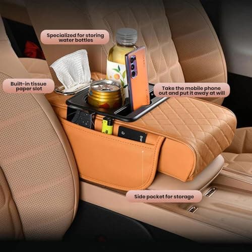 Multifunctional Car Armrest Cushion, Armrest Storage Box, Car Armrest Cover, 5-in-1 Center Console Coverwith 2 Storage Bags Cup Holder, Tissue Box Slot, Phone Slot (Beige) — view 6
