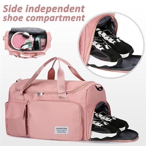 Sports Gym Bag Foldable Overnight Weekend Bags Womens Mens Duffel Bag with Shoes Compartment Water Resistant Holdall with Wet and Dry Separation Bag for Sports and Travel (Pink) — view 5