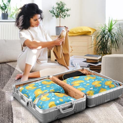 Yellow Rubber Ducks on Blue 3 Set Travel Packing Cubes For Suitcases Waterproof Travel Space Saver Bags Storage Bag Baby Clothes Storage — view 6