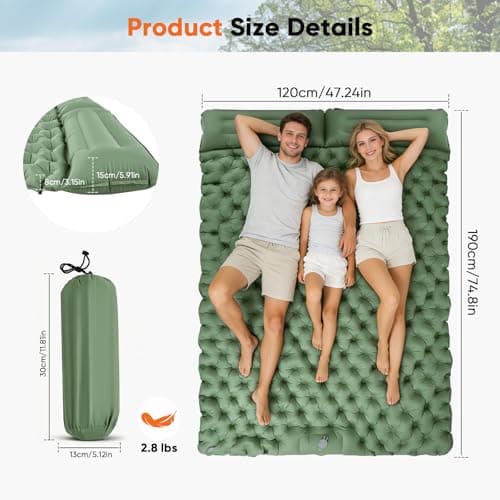 Double Camping Mat, Ultralight Self Inflating Sleeping Pad, 10cm Extra Thick Reinforced Camping Air Bed with Pillows & Built-in Foot Pump, Portable Air Mattress for Hiking Tent Backpacking (Green) — view 5