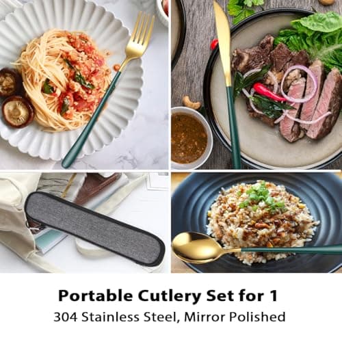 AARAINBOW Stainless Steel Silverware Set for 1, Reusable Knife Fork Spoon Set with Case, 3 Pcs Flatware Set for Travel Work, Lunchbox Cutlery Set (Green Gold) — view 3