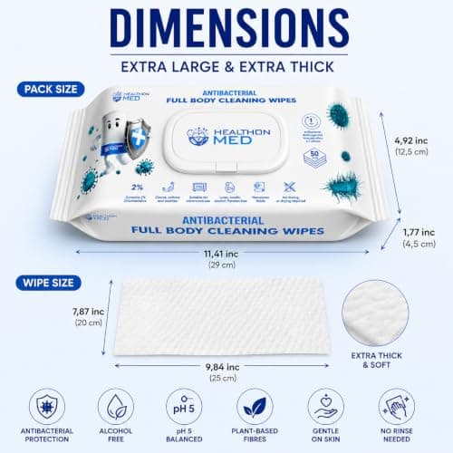 HEALTHON MED 4 Pack Antibacterial Body Wipes (200 XL Wipes) Alcohol Free No Rinse Full Body Cleansing Wipes for Adults – Ideal for Elderly, Bed Bath, Travel, Camping & Personal Hygiene — view 3