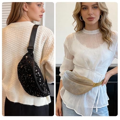 Hernin Sequined Fanny Pack for Women Shiny Waist Belt Bag Glitter Waist Bag with Adjustable Strap Sequin Bum Bag for Running Hiking Traveling Outdoors (Style 2-Gold) — view 2