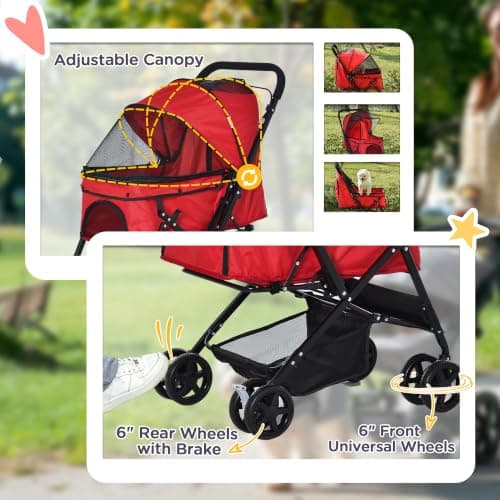 PawHut Dog Stroller with Reversible Handle for Small Dogs Red — view 6