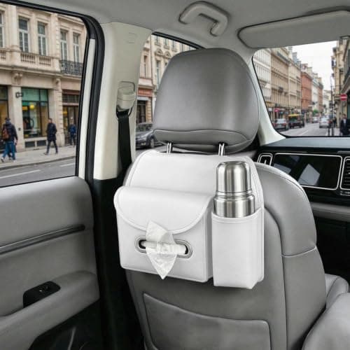 Car Seat Back Organizer with Tissue Box Cup Holder Leather Backseat Pocket Headrest Mounted Travel Caddy Rear Passenger Essentials Road Trip Interior Accessory for Suv Truck Vehicle，A — view 5