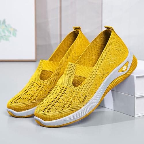 Women Orthopedic Casual Walking Shoes Breathable Soft Sole Slip On Shoes Lightweight Athletic Sneakers Size UK 4 Yellow — view 3