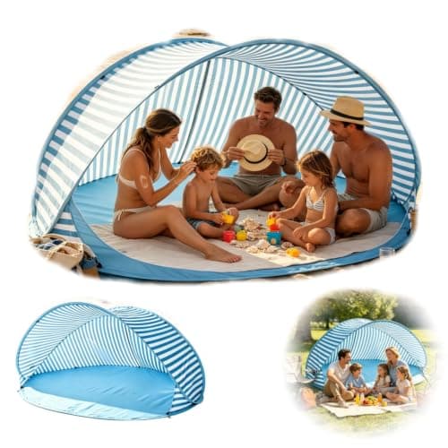 Pop-Up Beach Tent for 3-4 Person, UPF 50+ UV Protection Portable Lightweight Easy Setup Sun Shelters with Carry Bag Beach Shade Tent for Family Outdoor Camping Garden Picnic Travel (Blue-180X125X85cm)