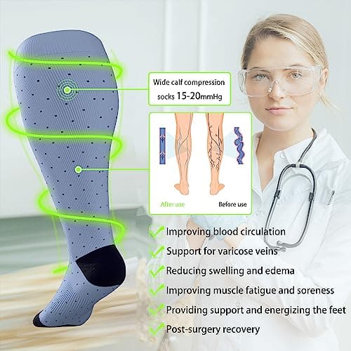 LEVSOX Bamboo Plus Size Compression Socks for Women Men Wide Calf 15-20mmHg Knee High for Pregnancy, Nurse, Travel, 3 Pairs-Dots, XL — view 6