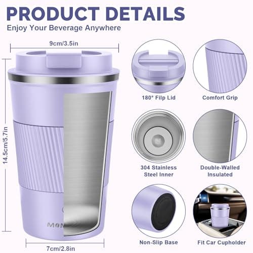 MOMSIV Coffee Cup, Insulated Coffee Cup with Leakproof Lid, Non-Slip Vacuum Reusable Stainless Steel Eco-Friendly Travel Office Mug for Hot and Cold Water Coffee and Tea, 380ml/13oz(Purple) — view 2