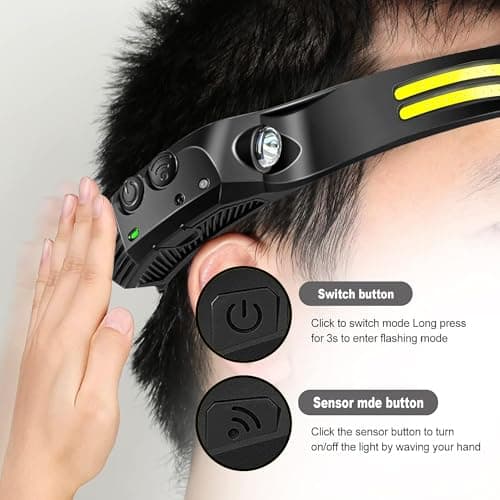 rynli Head Torch 2 Pack Rechargeable LED Headlamp 230° Wide Beam, 6 Modes Motion Sensor Head Torch for Adults & Kids, IPX4 Waterproof Lightweight Running Headlight for Camping, Fishing & Cycling — view 2