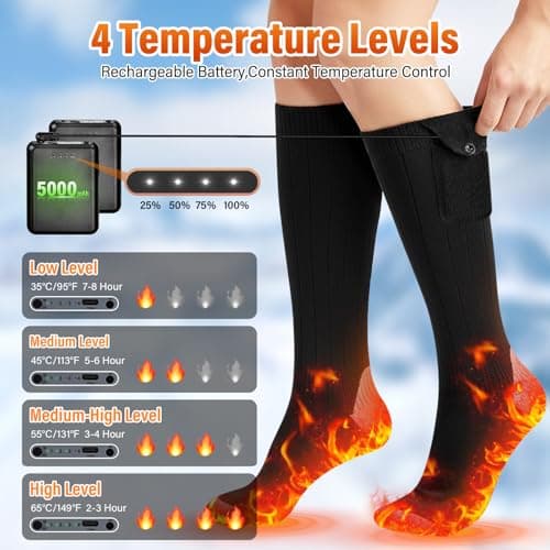 OHFAMO Rechargeable Heated Socks for Men Women, Electric Heated Socks with 2 Rechargeable 5V 5000mah Battery Powered 360° Foot Warmer 4 Levels Heating Suitable for Hiking Camping Outdoor, UK 3~13 — view 2