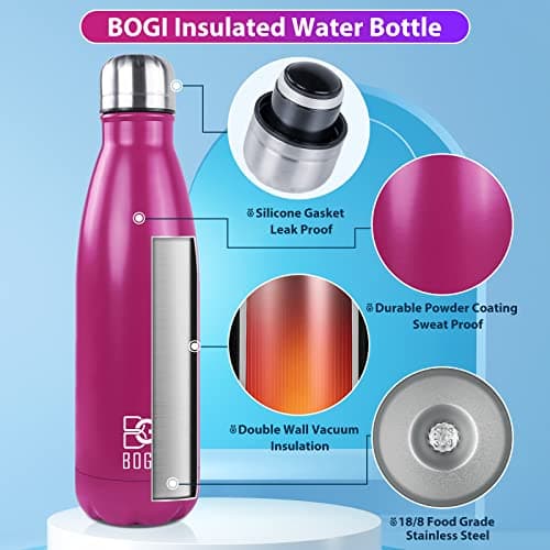 Bogi 17 Ounce Travel Mug Double-Walled Drinks Bottle Stainless Steel Water Bottle for Outdoor Sports Hiking Camping Cycling Office and Everyday Use, Cold For 12 Hours & 24 Hot + 1 Brush Gift, hot pink — view 3
