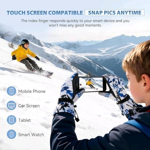 Ski Gloves Waterproof Winter Warm Gloves Cold Weather Touchscreen Snow Gloves for Mens, Womens, Kids Skiing,Snowboarding (Blue/White, S(Fit Kids 8-10 Years)) — view 5
