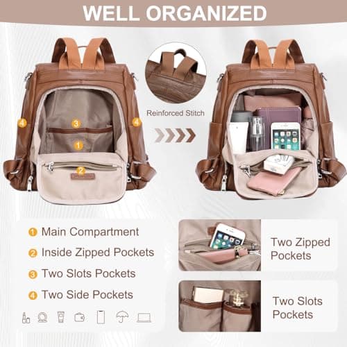 VASCHY Women Backpack, Fashion Anti Theft Ladies Backpack Purse Faux Leather Daypack 3 Ways to Carry Vintage School Rucksack Handbag Bag with Detachable Shoulder Strap for Travel Shopping (Brown) — view 3