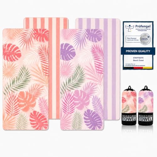 Microfibre Beach Towels for Adults - 200x90cm 2 Pack Extra Large Beach Towels in Gift Boxed,250 GSM, Sand Free, Lightweight & Quick Dry Beach Towel for Swim, Travel(Red and Purple Tropical Vibes)