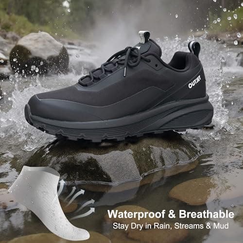 OUTJET Men's Waterproof Lightweight Cushioned Walking & Hiking Shoes – Anti-Slip Outdoor Trainers Black — view 2