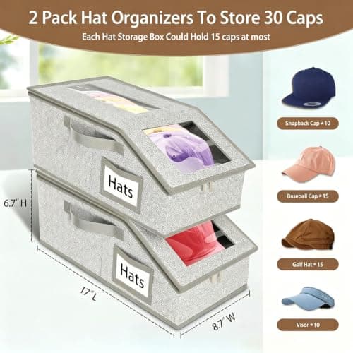 Vbvbip 2-Pack Hat Storage Boxes, Foldable Organizer Box for Baseball Caps — view 3
