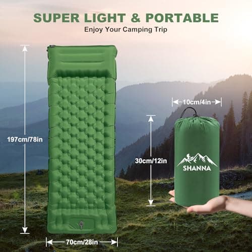 SHANNA Camping Sleeping Pad with Pillow: Extra Thick 12cm Ultralight Self Inflating Air Mat, Connectable 50D Insulated Sleep Mattress for Backpacking, Camp, Hiking, Tent (Olive Green) — view 6