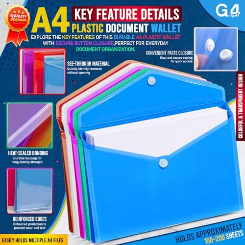 5 Assorted Color A4 Popper Wallets - Clear Plastic Paper Wallets for Document Storage and Office Organization Supplies - Lightweight Transparent Folders with Snap Closure — view 3