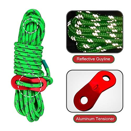 8 Pack Reflective Tent Guy Ropes, Light-Weight Tent Guide Lines Cord with Aluminum Tensioners Adjuster, 13 Feet Green Guy Rope Ideal for Outdoor Camping Hiking Awning Tents — view 3