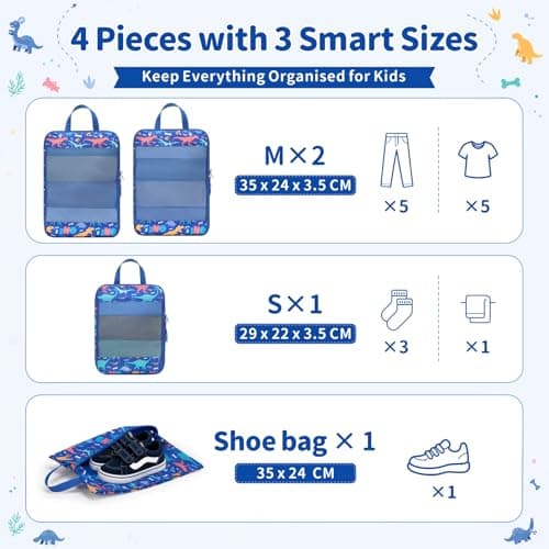 Bagseri Kids Compression Packing Cubes - 4 Piece Travel Set, Blue Dinosaur — view 3