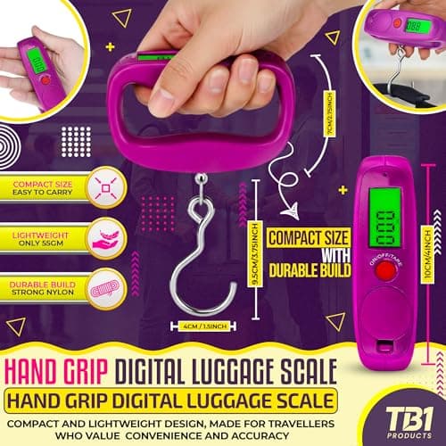 TB1 Products Digital Luggage Scale 50kg/110lb – Portable Handheld Suitcase Weighing Scale with LCD Display, Tare & Auto-Off | Travel Baggage Weight Scale (g/kg/lb/oz) for Airport, Home & Postal Use — view 3