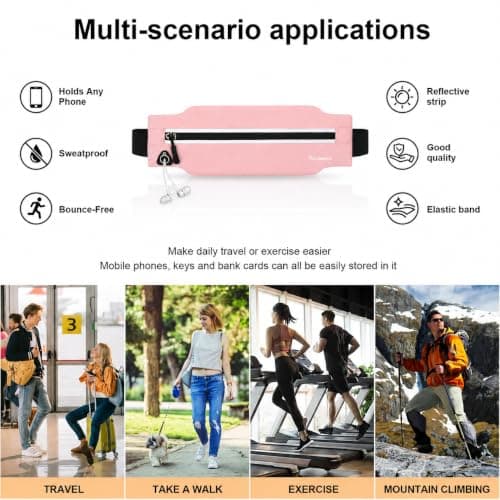 Running Belt for Men & Women, Slim Bum Bag & Running Phone Holder, No Bounce Waist Pack, Water Resistant Reflective Running Pouch, Adjustable Fitness Belt Fits All Smartphones(Pink) — view 4