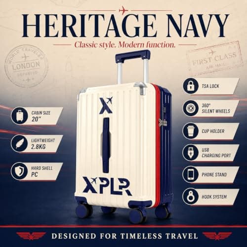 XPLR 55x34x24cm Cabin Suitcase - Hard Shell 20" Carry On Bag Luggage - USB Charging Port - Cup Holder - TSA Lock - 360° Wheels - Lightweight 2.8kg Hand Luggage for Travel (Heritage Navy) — view 2