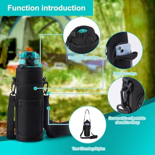 YEENAIV 40oz Water Bottle Carrier Bag, Sport Water Bottle Carrier Sling Bag with Adjustable Strap, Water Cup Holder with 2 Pockets for Walking Hiking Camping-Black — view 4