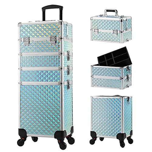 Joligrace 4-in-1 Tall Vanity Case Rolling Box Makeup Box Hairdressing Trolley on Wheels Beauty Trolley on Wheels Professional Makeup Organiser Storage Nail Technician case with Locks (Mint Green)
