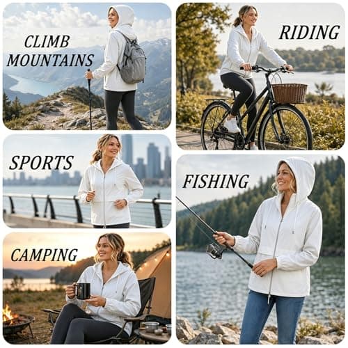 NWDEY Women's Lightweight Waterproof Jacket Ladies Packable Raincoat Hooded Windproof Rain Jacket Coat for Outdoor Travel (UK, Alpha, M, Regular, Regular, White) — view 2