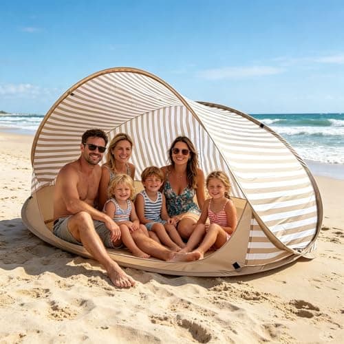 Pop-up Beach Tent for 3-4 People, 120x100cm Beach Shelter with 50+ UV Protection, Portable Automatic Wind Protection, Throw Tent for Family, Camping, Garden, Beaches (Brown_185X85cm) — view 3