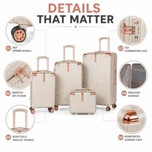 XPLR 4 Piece Hard Shell Luggage Set - Durable ABS Lightweight Suitcase - 14" 20" 24" 28" Cabin Carry On - TSA Lock - 360° Spinner Wheels - Rose Gold Trim & Vanity Case (Champagne Pearl) — view 4