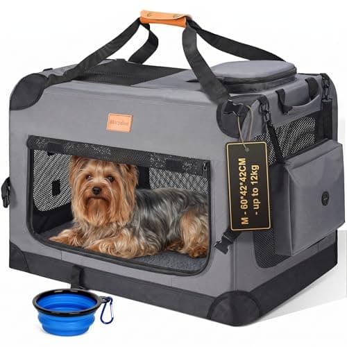 Morpilot Large Dog & Cat Carrier | Soft-Sided Pet Travel Crate, Foldable Dog Car Crate, with Collapsible Bowl & Storage Pockets, M, Grey, (Max 12kg)
