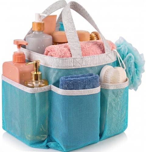 Handy Laundry Mesh Shower Caddy - 7 Pocket Portable Bathroom Organizer Tote for Travel, Gym & Dorm - Collapsible Small Shower Caddy Bag to Hold Toiletries & Essentials (Blue)