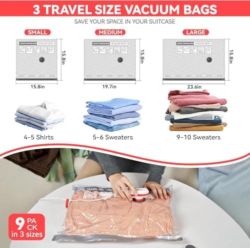 VACKFOX Travel Vacuum Bags with USB & TYPE C Pump,9 Pack Carry-On Size Vacuum Storage Bags for Luggage and Suitcase,Vacuum Luggage Bags,Space Saver for Clothes and Clothing Travel(Red) — view 3