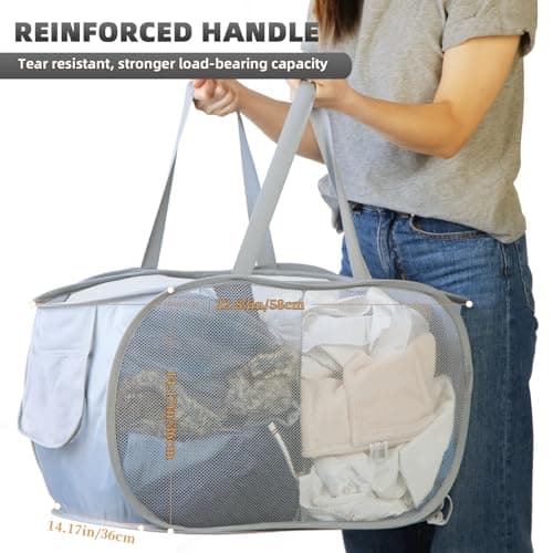 KIAYOO Collapsible Laundry Basket,Foldable Clothes Hamper 2 Compartments with Side Pocket Bag,Pop up Washing Bin Bag for Bathroom,Bedroom,College Dorm,Hotel,Travel,Grey — view 6