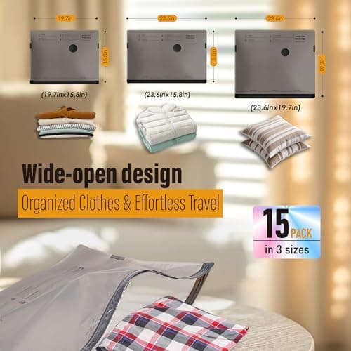 Rechargeable Wireless Pump Travel Vacuum Bags for Luggage, 15 Pack Portable Space Saver Storage Bags for Travel and Home, Compression Packing Cubes Seal for Clothing, Clothes, Blankets, Suitcase — view 2