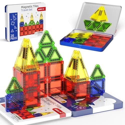 Travel Magnetic Tiles, 26-piece Mini Magnetic Tile Blocks, STEM Travel Magnet Building Tile Set with Iron Box for 3+ years old boys girls Montessori Travel Toys