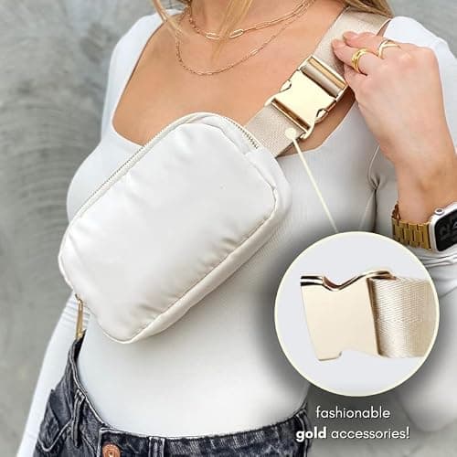 Boutique Belt Bag | Crossbody Bag Fanny Pack for Women Fashionable | Cute Mini Everywhere Bum Hip Waist Pack | Small Fashion Travel Chest Bag | Gold Silver Accessories | Adjustable Strap, Cream, One — view 2