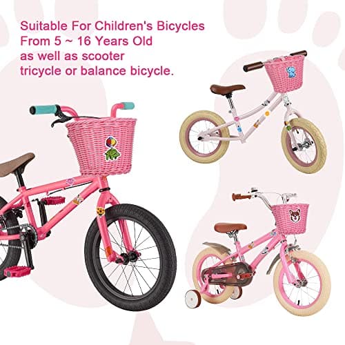 Flintronic Kids Bike Basket Handwoven Cycle Basket for Kids, Bicycle Basket For Girls Boys Childs, with Bike Accessories - Pink — view 5