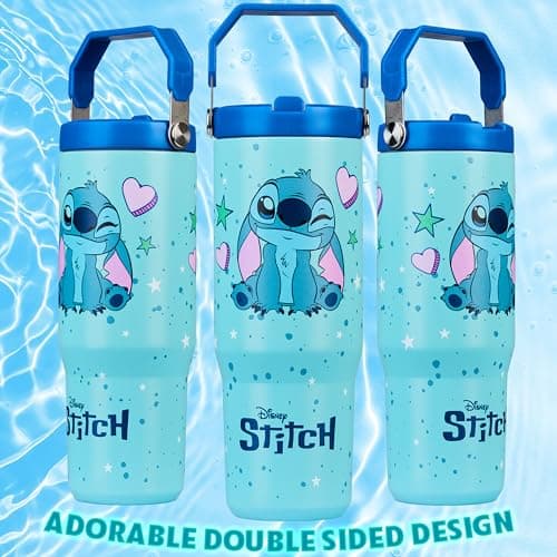 Get Trend Disney Stitch Insulated Tumbler Flip Up Straw & Handle, Metal Travel Water Bottle 850ml/30oz, Thermal Double Wall Vacuum, Hot & Cold Drinks (Blue Stitch) — view 5