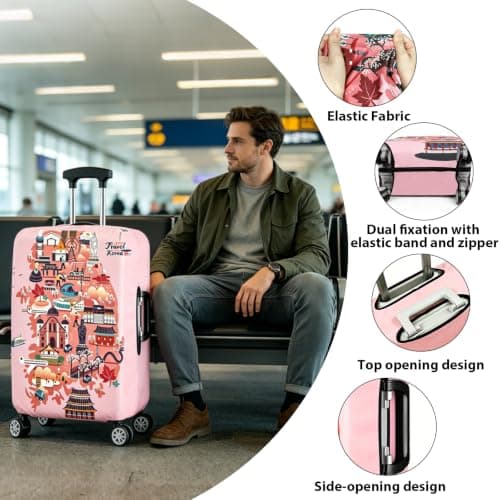 Guerity Elastic Travel Luggage Cover, Washable Luggage Covers for Suitcase, Travel Trolley Case Cover Suitcase Protector for 18-32 Inch (Pink Travel, L (26-28 inch Luggage)) — view 2