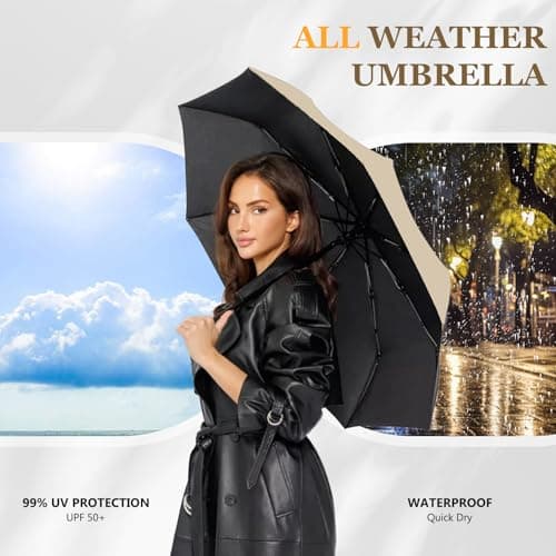 Mini Folding Travel Umbrella, Windproof Strong, UV Protection, 6 Ribs, Pocket Umbrella with Capsule Case for Women, Men, Girls-Beige — view 5