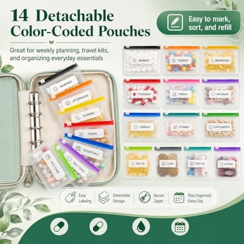 Waterproof Pill Pouch Set, Waterproof Pill Organizer Set with 14 Color-Pill Pouches, Portable Reusable Binder Design Zippered Pill Storage with 14 Color-Pill Pouches for Travel (White) — view 4